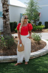 Clara Scalloped Lace Trim Top-Red