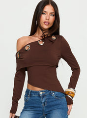 Noteworthy Eyelet Detail Long Sleeve Off Shoulder Top Chocolate