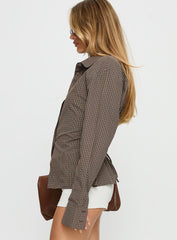 Xinia Tie Waist Long Sleeve Shirt Brown Check