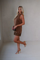 Scalloped Lace Hem Sleeveless Mini Shift Dress-Brown