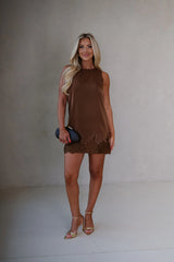 Scalloped Lace Hem Sleeveless Mini Shift Dress-Brown