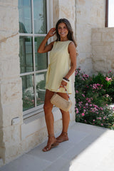 Boat Neck Side Tie Mini Dress-Butter Yellow