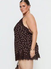 Call My Lover Lace Slip Mini Dress Brown Polka Curve