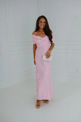 Jacquard Off Shoulder Dress-Pink