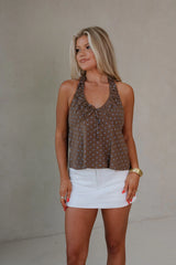 Hallie Ruched Halter Top-Brown Multi