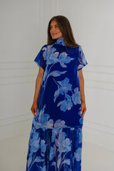 Dime Floral Organza Mockneck Maxi Dress-Navy Blue